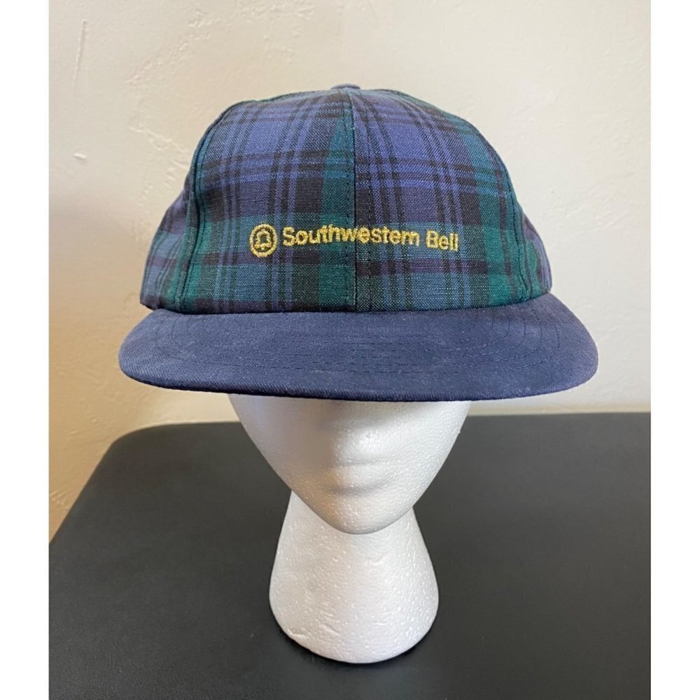 Vintage Southwestern Bell Telephone Cap Hat Blue/Green Plaid USA Trucker Gold